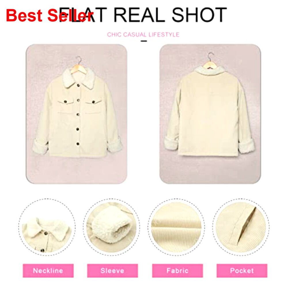 Corduroy Sherpa Jacket Button Down Fleece Collar Winter Coat Loose Fit - Picture 5 of 7